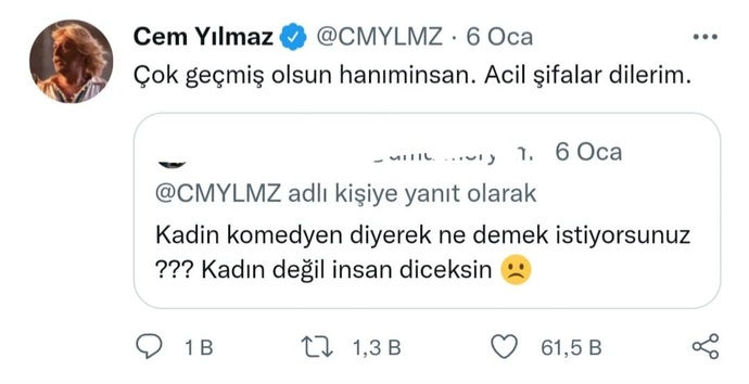 Cem Yılmaz Kadın Komedyen ifadesini kullanınca takipçisinden tepki aldı. Sizce kadın komedyen ifadesi yanlış mı?