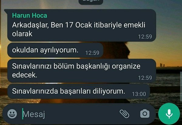 Emekliye ayrıldığını belirten whatsapp mesajı
