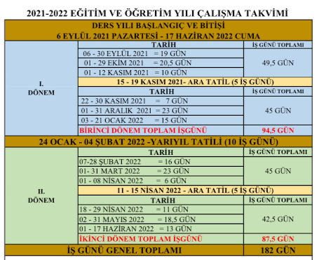 2021-2022 Eğitim ve Öğretim Yılı Çalışma Takvimi