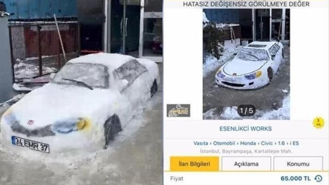 Kardan araba yaptı, 65.000'e ilana koydu, telefonlar susmayınca ilanı kaldırdı! Daha önce kardan araba gördünüz mü?