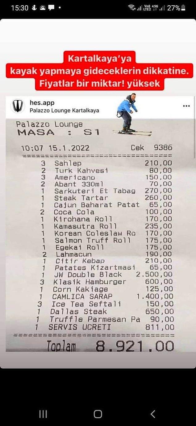 Kola 50 TL, lahmacun 95 TL! Kartalkayadaki mekan fiyatlarını gördükten sonra kış tatilini evimizin önünde mi yapacağız?