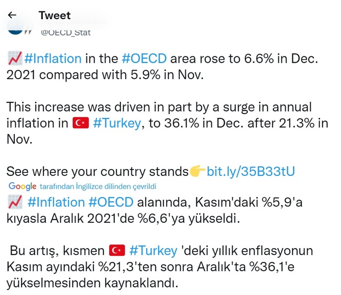 OECD Resmi Twitter Hesabından Yapılan Türk Bayraklı Açıklama.