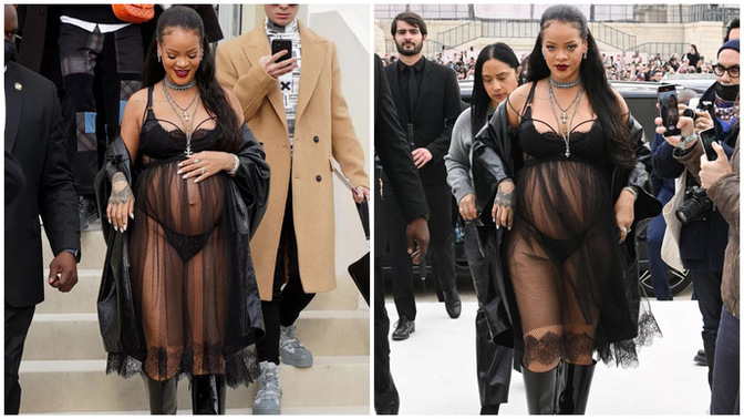 Rihanna Dior defilesinde! Kombin harika ama bebek üşümemiş midir sizce😬?
