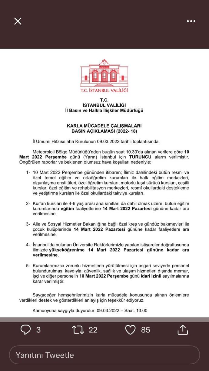 İstanbul'da daha kar başlamadan 14 Mart'a kadar okullar tatil oldu. Doğmamış çocuğa don biçmek değil mi bu😅?