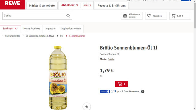 Almanya' da aşağı yukarı her yerde mağazası olan Rewe Markettekinde bugünkü Ayçiçek Yağı Fiyatı