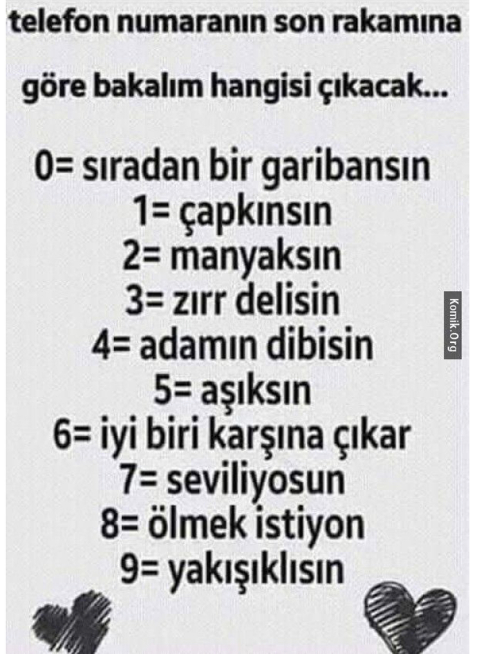 Telefon numaranın son rakamına göre nesin?