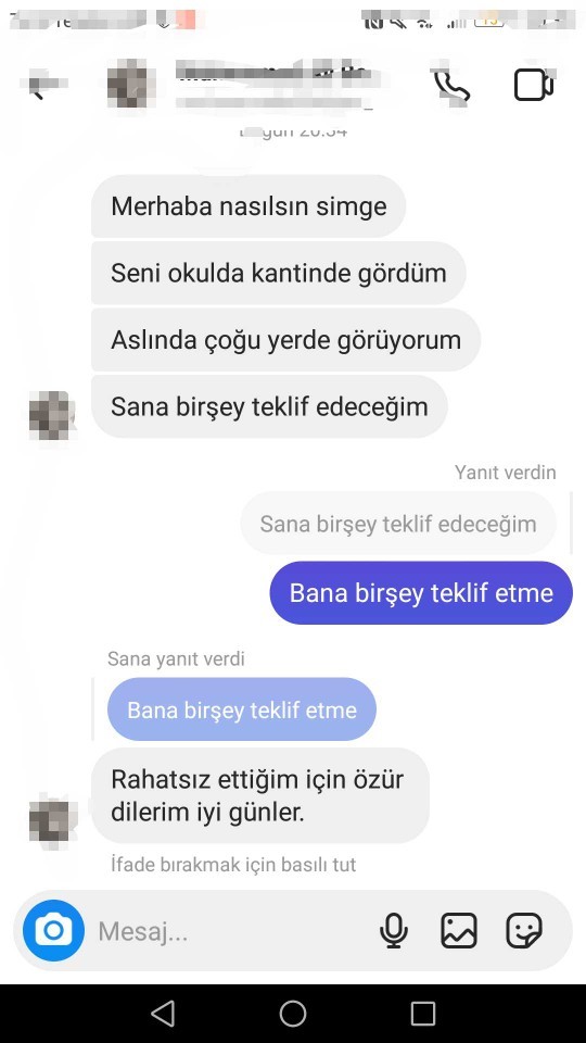 Okuldan bir çocuk bana böyle bir şey yazdı ama ben heyecandan böyle bir şey yazdım, ne yapmalıyım?