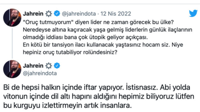 Jahrein siyasilere ''niye hepiniz oruç tutabiliyor rolündesiniz'' dedi. Gerçekten tutuyorlar mıdır 😂?