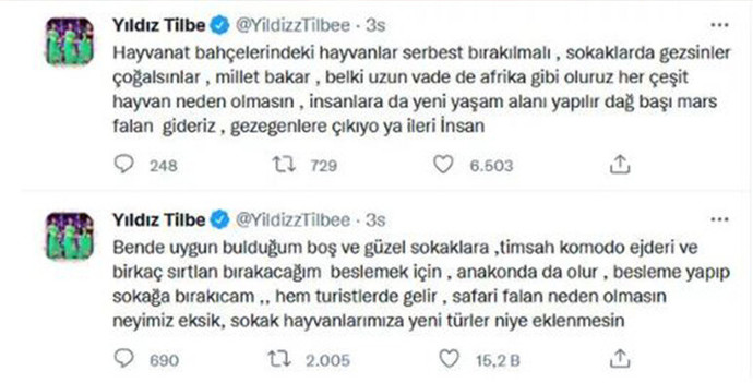 Yıldız Tilbe: Boş sokaklara timsah ve komodo ejderi bırakacağım! Siz olsanız hangi hayvanı sokaklara bırakırsınız?