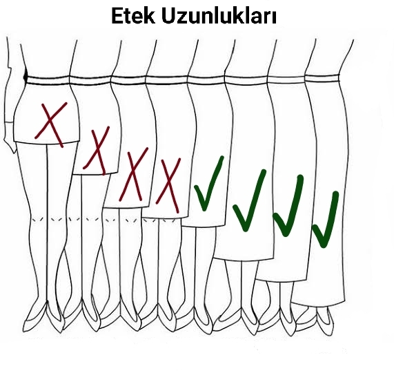 Etek boyu diz bölgesini örtmeli ve birde yırtmaç olmamalı. İdeal etek yapısı böyledir.