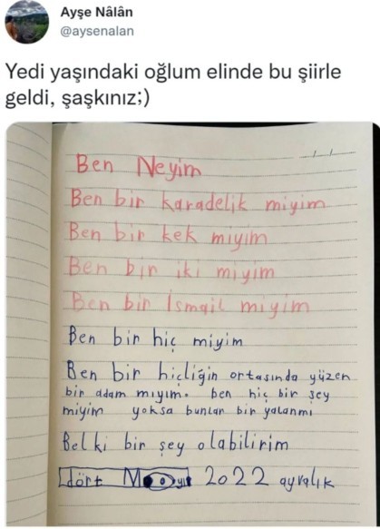 7 yaşındaki bir çocuğun yazdığı bu şiir hakkında ne düşünüyorsunuz?
