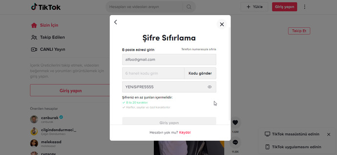 Tiktok şifre sıfırlama