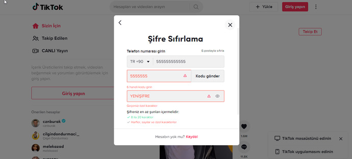 Tiktok şifre sıfırlama
