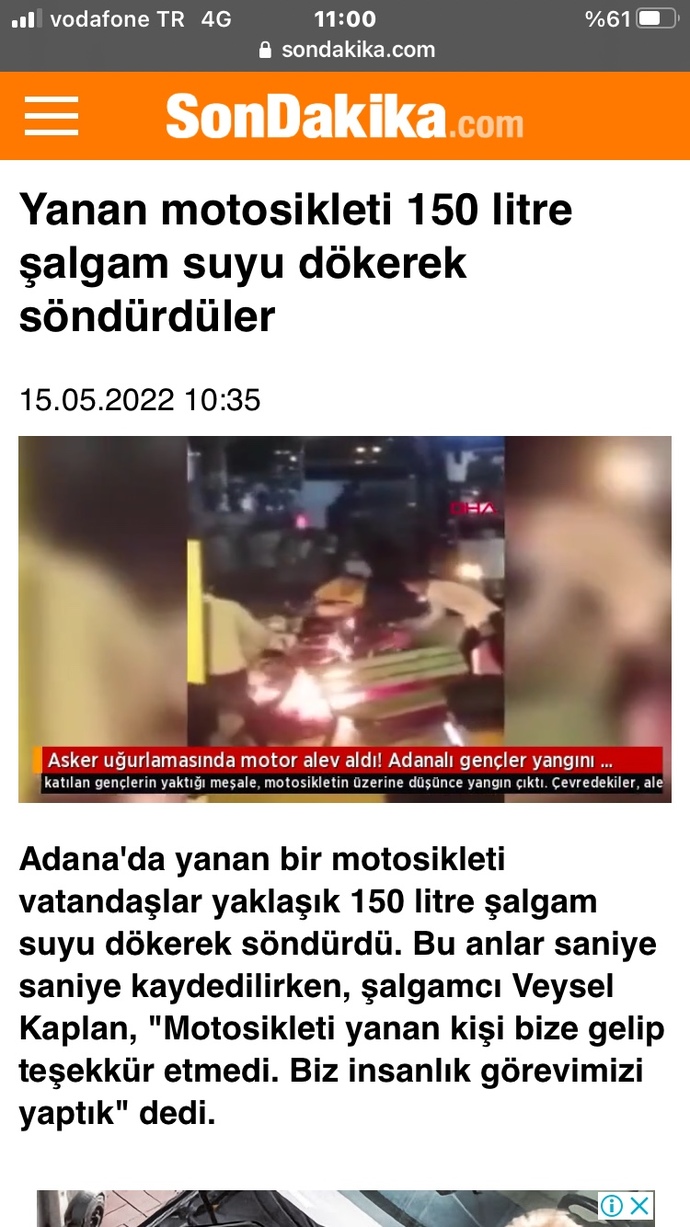 Adanada yanan motosikleti 150 litre şalgam suyu ile söndürdüler! Sen olsan nasıl söndürürdün?