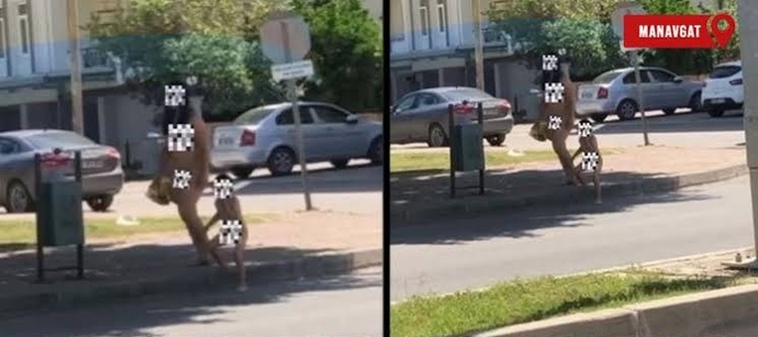 Bu kez Antalyada yol ortasında çıplak yürüyen kadın ve çocuk! Ne düşünüyorsunuz?