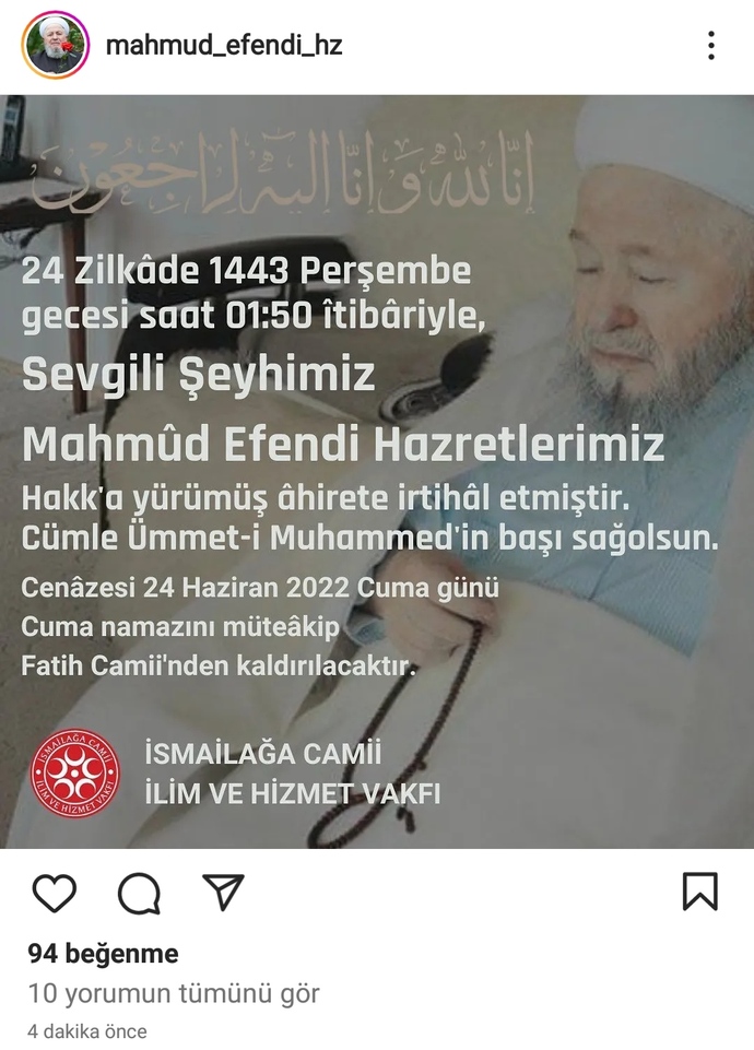 Mahmud Efendi vefat etmiş, duydunuz mu?