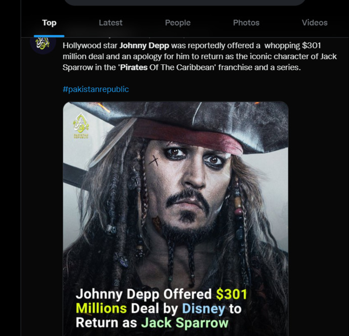 Disney, Karayip Korsanlarındaki rolüne geri dönmesi için Johnny Deepe 300 milyon dolar teklif etmiş. Son pişmanlık işe yarar mı🙂?
