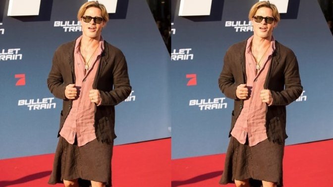Brad Pitt film galasına etek giyip gitti! Etek giysen sana mı daha çok yakışır yoksa Brad Pitt'e mi?