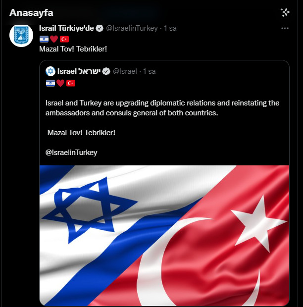 İsrail ve Türkiye, büyükelçilerini ve başkonsoloslarını göreve iade edeceğini açıkladı. Ne düşünüyorsunuz?