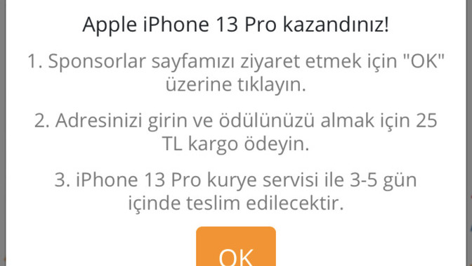 İPhone 13 Pro kazandığımı söyleyen bir site var, sizce gerçek mi?