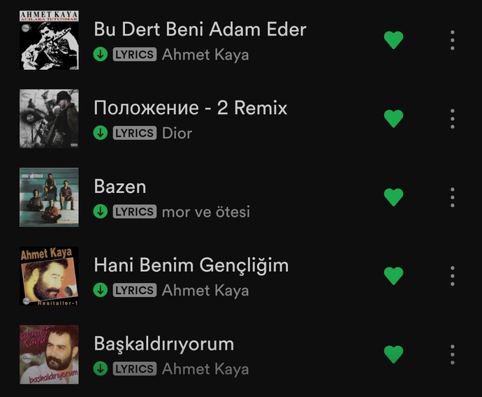Spotify beğenilen şarkılar bölümündeki ilk beş şarkınızı alabilir miyiz?