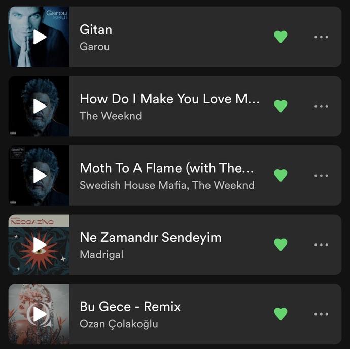 Spotify beğenilen şarkılar bölümündeki ilk beş şarkınızı alabilir miyiz?