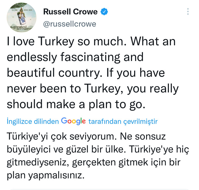 Russell Crowe Twitterda Türkiyeye olan hayranlığını dile getirdi. Sence ülkemizin en güzel coğrafi / tarihi yeri neresi?