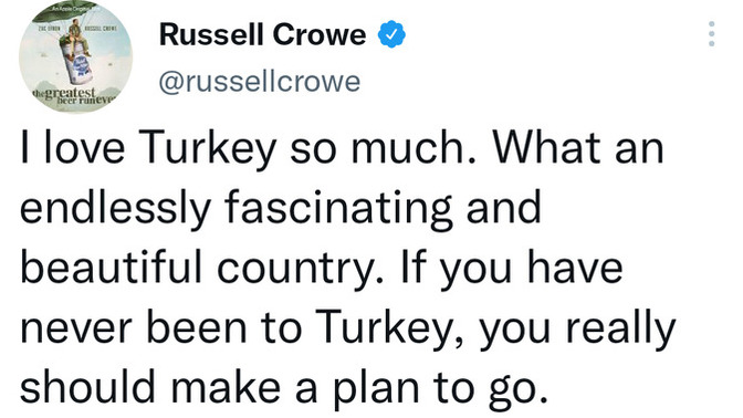 Russell Crowe Twitter'da Türkiye'ye olan hayranlığını dile getirdi. Sence ülkemizin en güzel coğrafi / tarihi yeri neresi?
