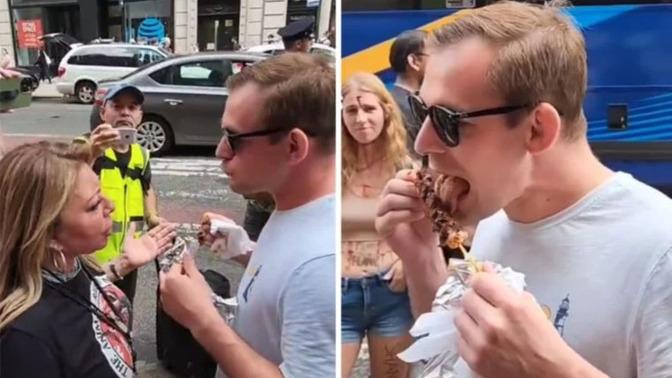 New York'ta bir adam, veganların karşısına geçip şiş kebap yedi. Yaptığı sizce ayıp mı?