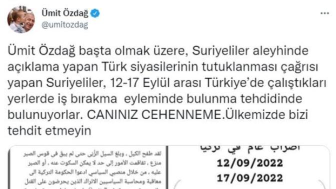 Ümit Özdağ, Suriyelilerin sosyal medyada başlattığı kampanyaya öfke kustu: Canınız cehenneme! Ne düşünüyorsunuz?