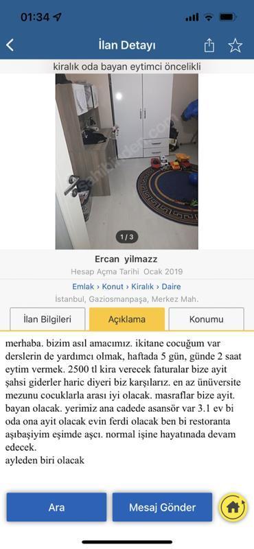 Bayan eytimci öncelikli kiralık oda ilanı 2500 TL + günde 2 saat özel dersmiş! Bu nasıl ilan artık ya?