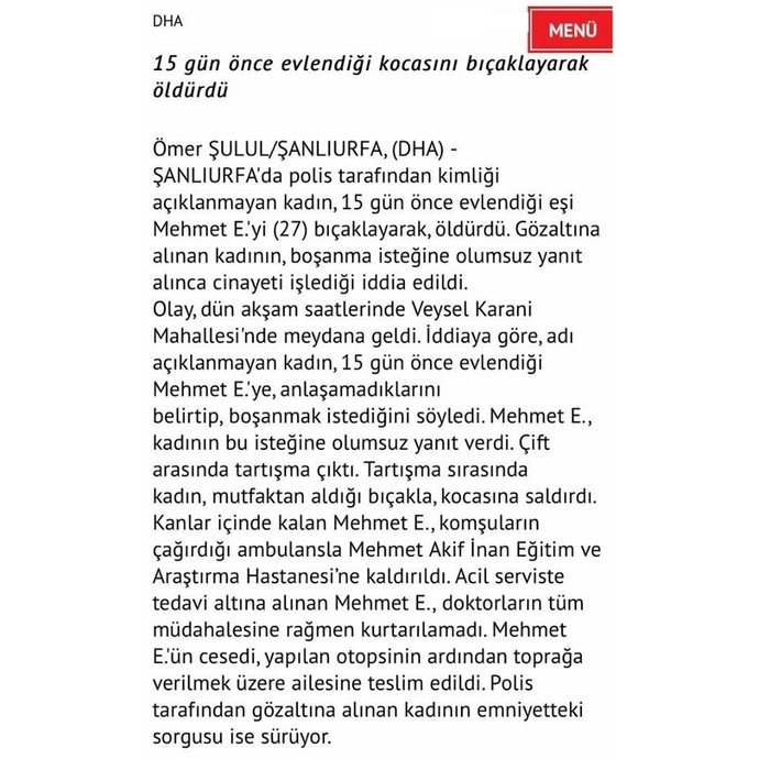 15 gün önce evlendiği kocasını bıçakla öldüren kadın serbest bırakıldı. Bu nasıl adalet?