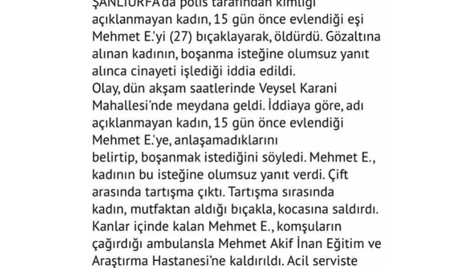 15 gün önce evlendiği kocasını bıçakla öldüren kadın serbest bırakıldı. Bu nasıl adalet?