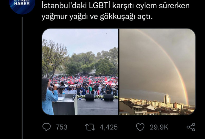 LGBTİ+ karşıtı eylemde gökkuşağı çıkması gündem oldu, çok tatlı değil mi?
