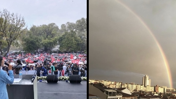 İstanbul’daki LGBT karşıtı eylem sürerken yağmur yağdı ve gökkuşağı açtı. LGBT’ye karşı olanlara evren güzel bir mesaj vermemiş mi?