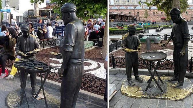 Eminönü'ndeki simitçi heykelinin simitleri çalınmış. 😄 Simit alacak paran var mı?