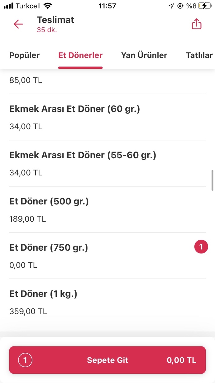 750 gr et döner 0 tl şaka mı?