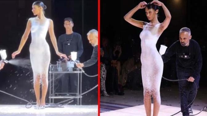Bella Hadid'in podyuma yarı çıplak çıktı, sprey madde kullanarak elbiseye kavuştu! Kumaş elbise yerine sprey giyer misiniz?