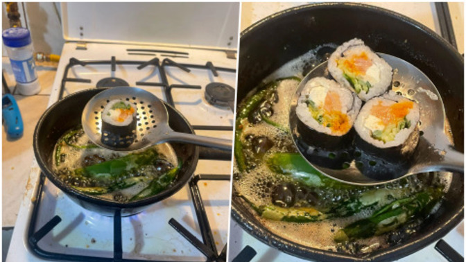İlk defa sushi denemek için aldık, çiğ çiğ tadı güzel gelmedi diye yağda kızarttık. Sizce iyi yapmış mıyız :D?