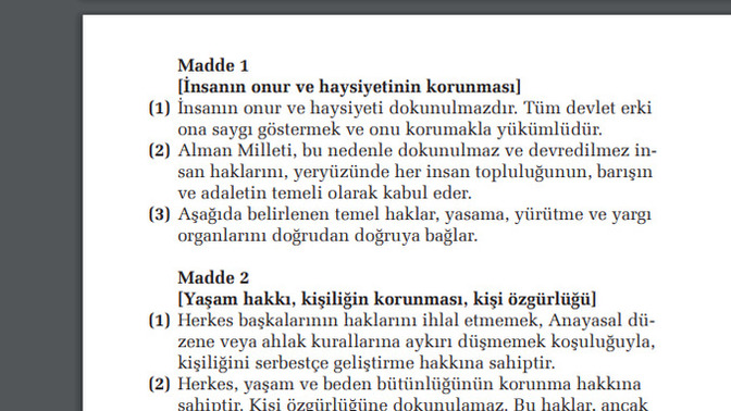 Türkiye vs Almanya anayasası ilk dört madde?
