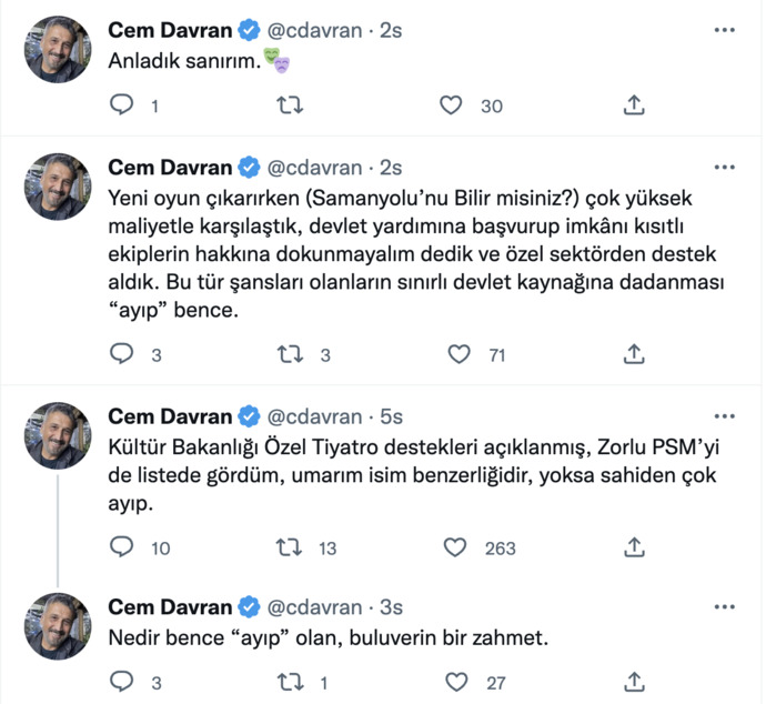 Özel tiyatrolara devlet desteğini eleştiren Cem Davrana Şevket Çoruhtan destek geldi. Zorlu PSM gibi büyük tiyatroların devlet desteği istemesi etik mi?