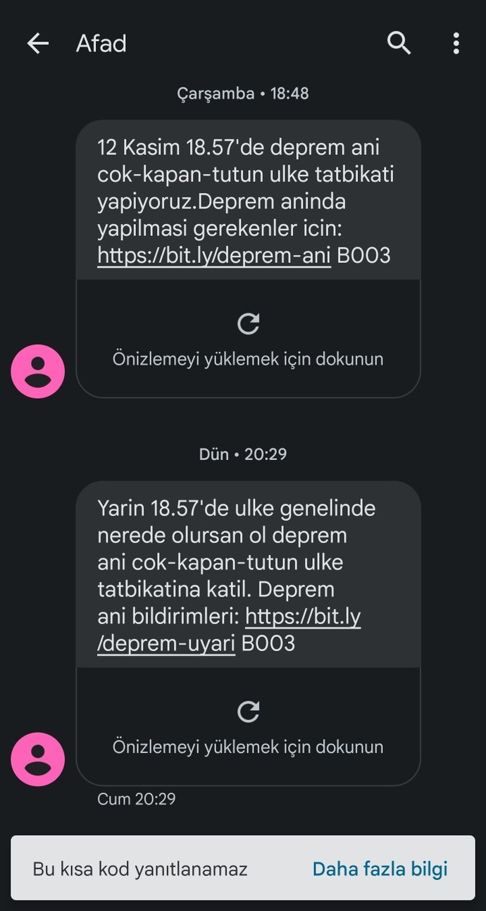 Çök kapan tutun tatbikatında size bildirim geldi mi?