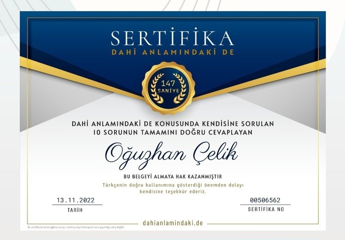 Dahi anlamındaki de sertifikası sosyal medyada gündem oldu! Testi çözüp belgesini paylaşır mısınız?