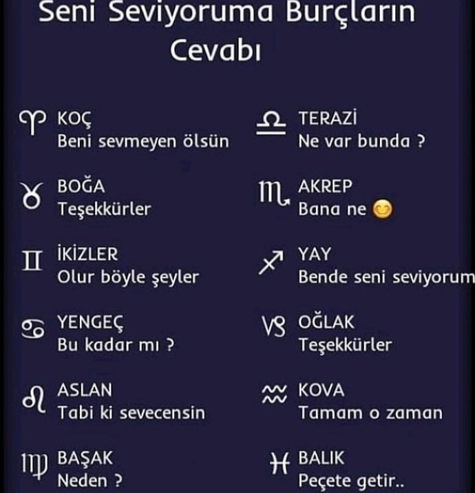 Seni seviyorum cümlesinin burcuna göre karşılığı nedir?