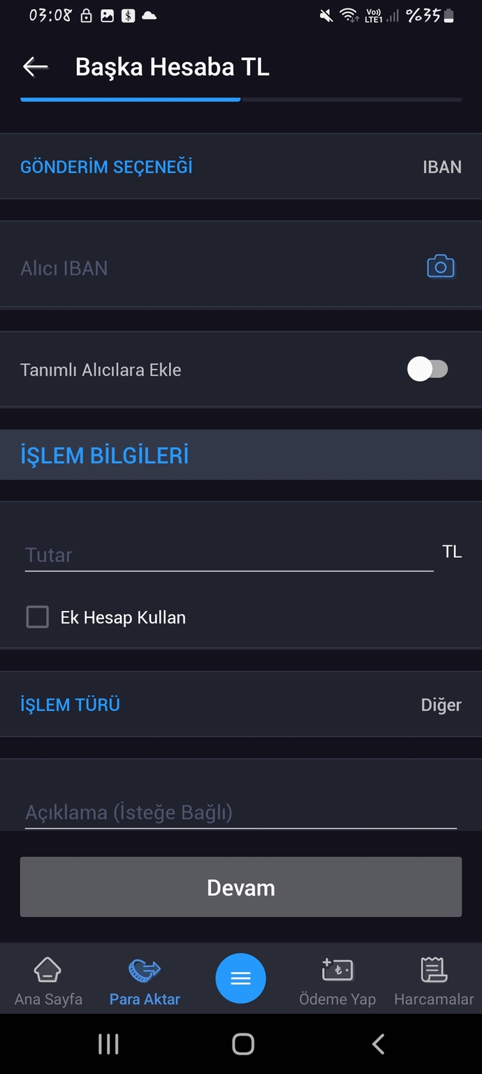 Burada ise alıcının iban bilgilerini ve tutarı giriyorum