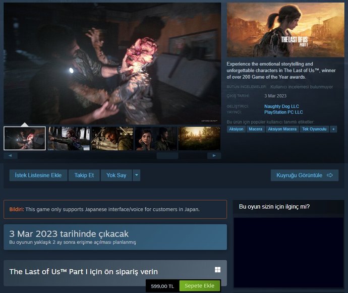 The Last of Us Part I 600 TL fiyatıyla Steamda ön siparişte. Bu fiyata değer mi?