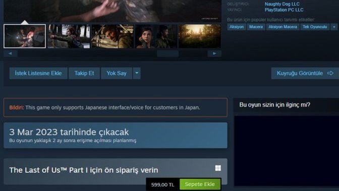 The Last of Us Part I 600 TL fiyatıyla Steam'da ön siparişte. Bu fiyata değer mi?