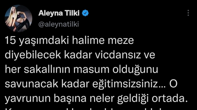 Aleyna Tilki'nin "15 yaşımdaki halime meze diyenlere dava açacağım" tweeti hakkında ne düşünüyorsunuz?