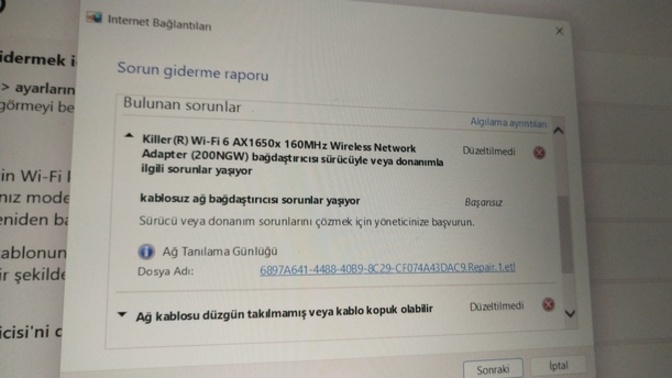 Dell Gaming G15 laptobum internete bağlanmıyor. Neden olabilir?