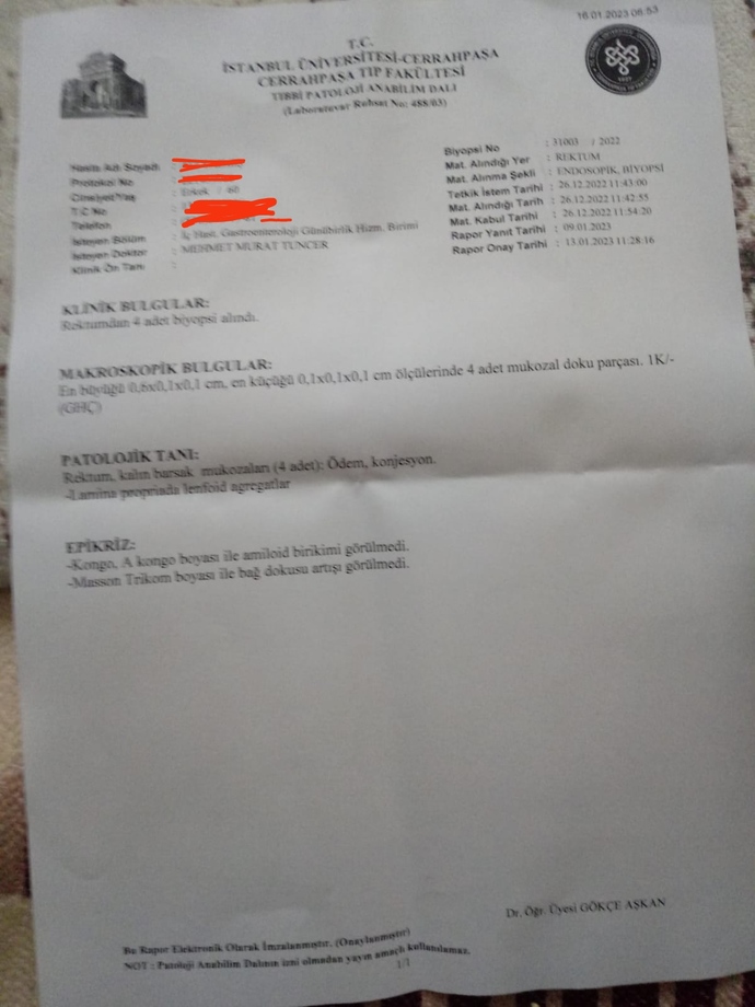 Arkadaslsr babamın kalın bagirsaktan aldıkları sonuç çıkmış lütfen bilen kişi bakabilirmi temiz mi çıkmış?